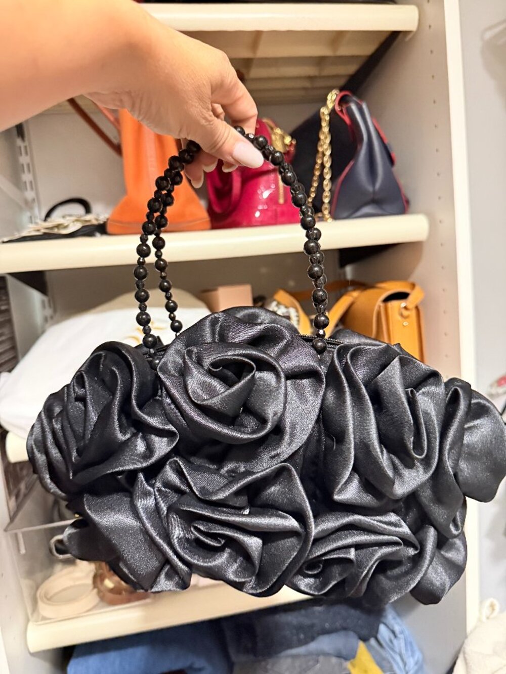 Black Satin Rose Rosette Evening Clutch Bag
